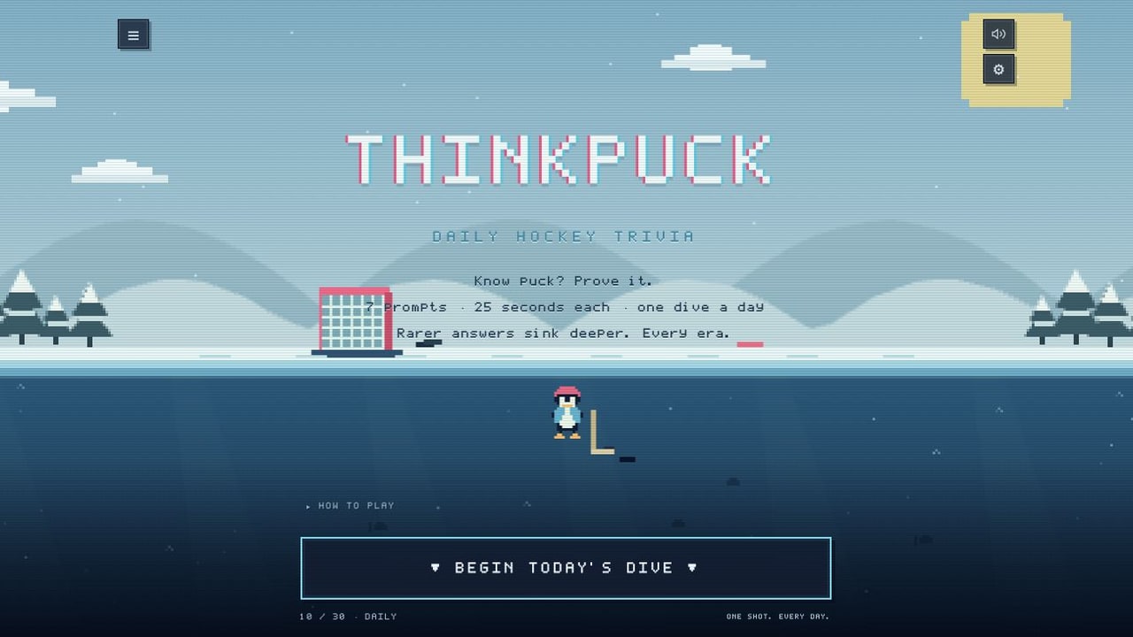ThinkPuck’s daily hockey trivia game set above a frozen pixel-art lake